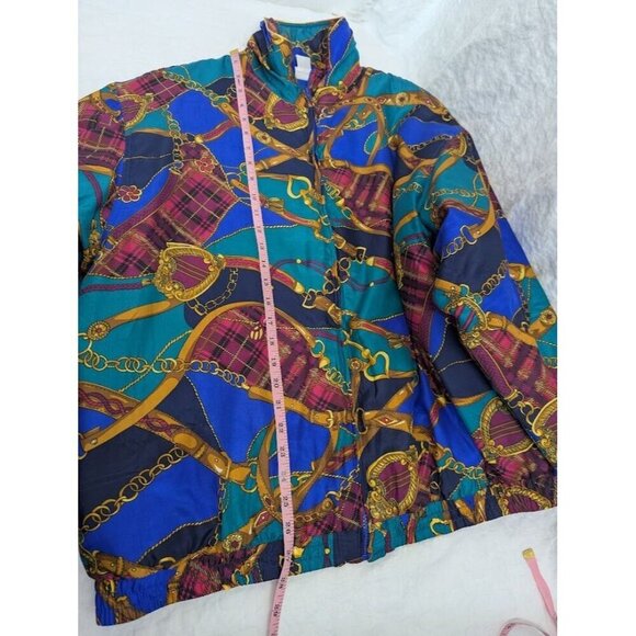 Avon Style women's sz Large 100% silk bomber jacket patch harness vintage 1990s - Picture 6 of 7